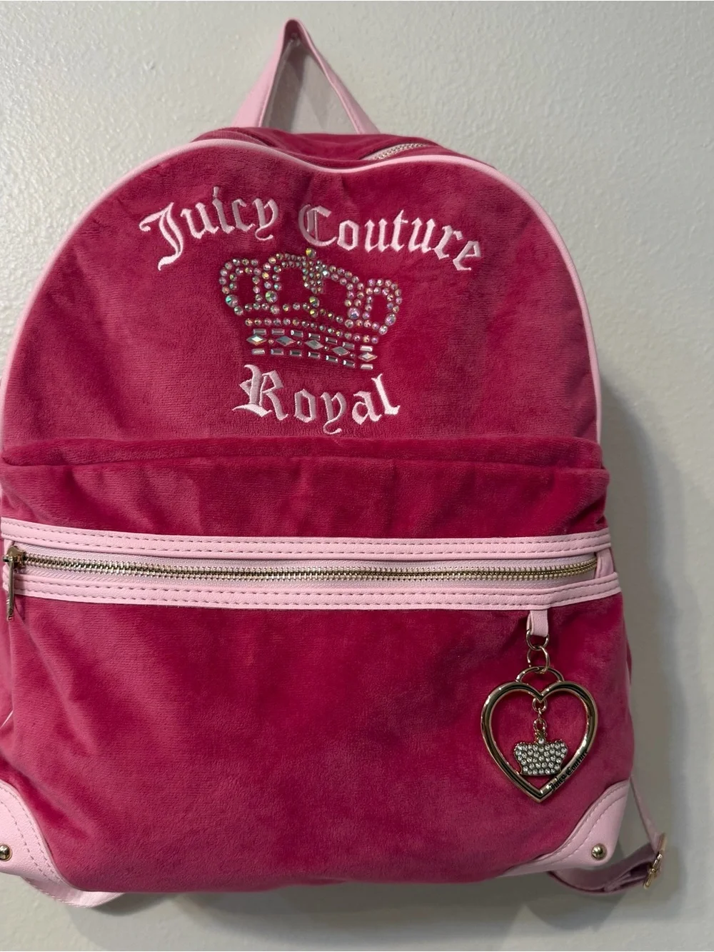 Juicy Couture Royal Pink Velour Backpack Rhinestone Crown Heart Charm Y2K